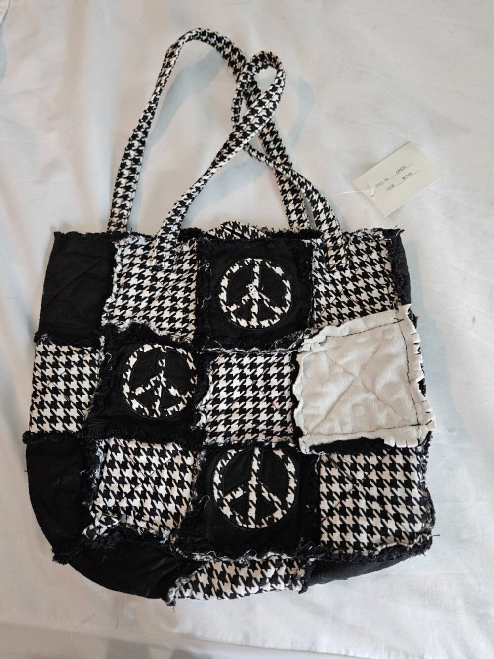 REDUCED: Black White Patchwork Peace Sign Tote Bag Houndstooth Quilted Frayed